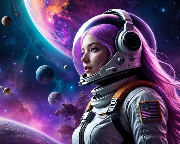 Female Astronaut with Purple Hair in Cosmic Scene