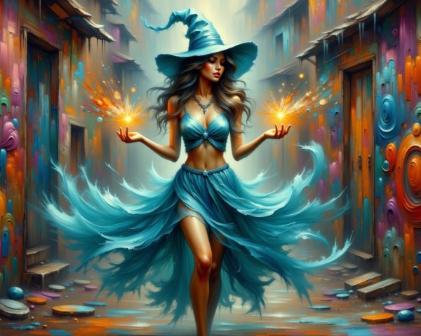 Mystical Witch in Turquoise Outfit in Colorful Street