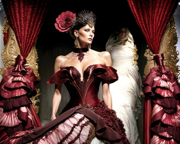 Elegant Fashion Scene with Burgundy and White Gowns