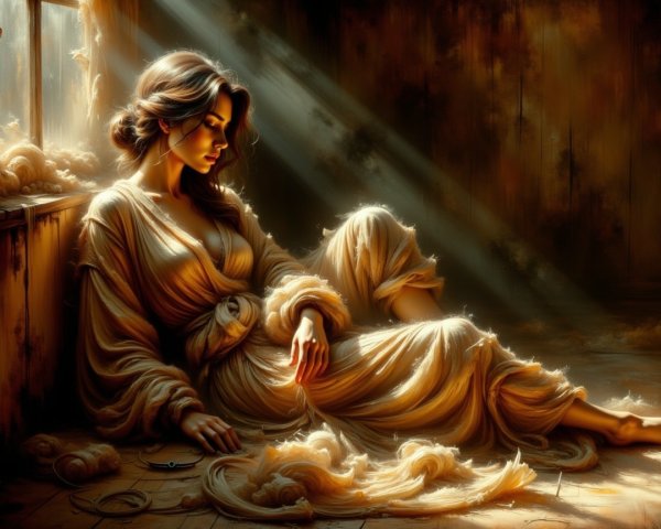 Woman in flowing robe by window in serene room