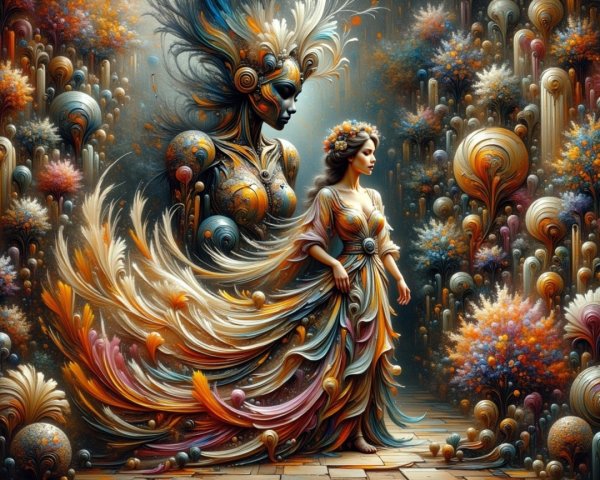 Surreal Scene of a Goddess and Young Woman in Colorful Dress