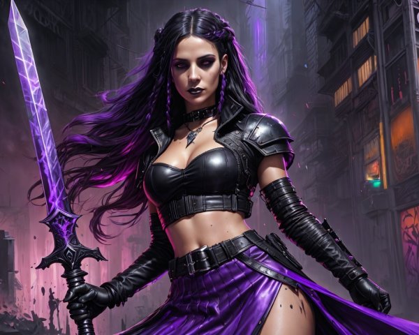 Cyberpunk Warrior Woman in Desolate City Scene