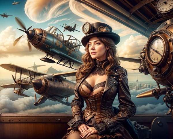 Steampunk Woman in Airship Cockpit Among Clouds