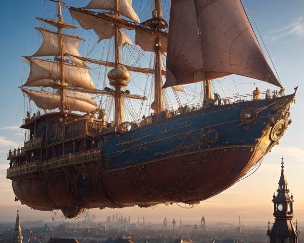 Steampunk Airship Over Cityscape at Sunset