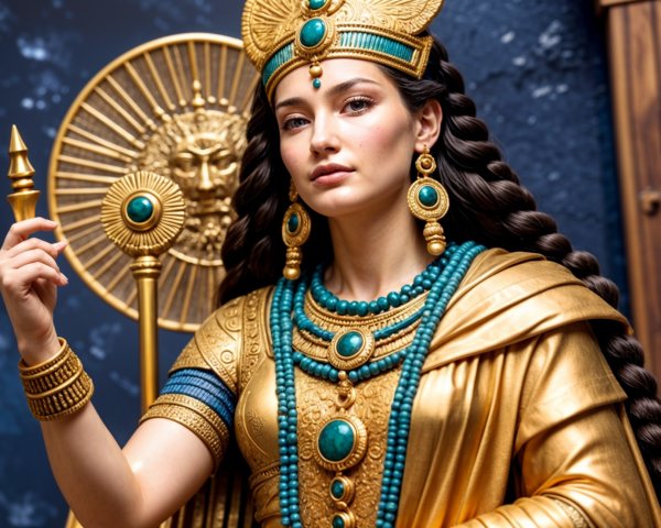 Regal woman in golden attire with intricate jewelry
