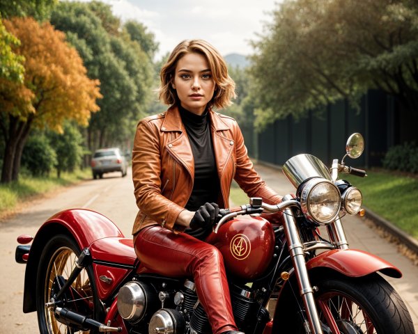 Confident Woman on Red Motorcycle in Lush Setting