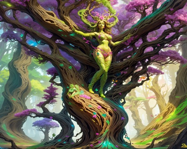 Vibrant Tree and Mystical Figure in Enchanted Forest