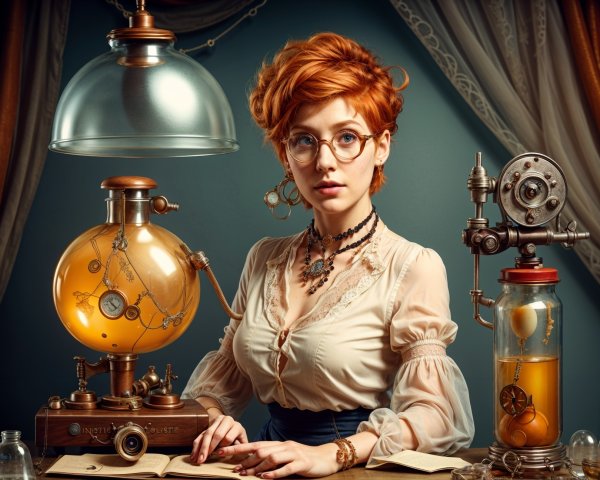Vintage Laboratory with Young Woman and Glass Apparatus