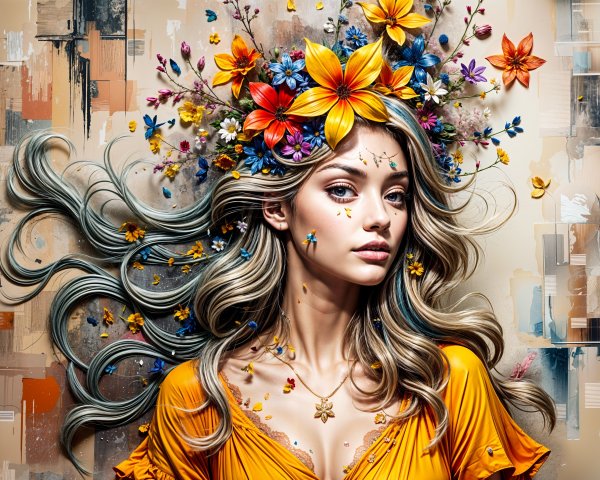 Portrait of a Young Woman with Floral Crown and Designs