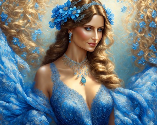 Portrait of a Woman in Blue Floral Attire and Headpiece