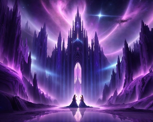 Elegant Women in Flowing Dresses Before Gothic Castle