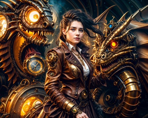 Steampunk Scene with Mechanical Dragons and Clockwork