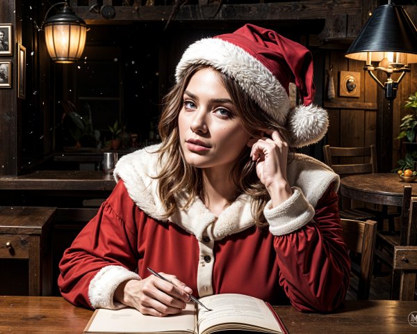 Young Woman in Santa Outfit Writing in a Book