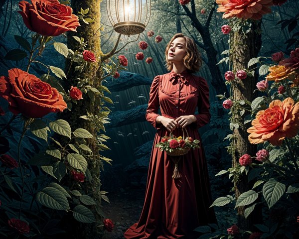 Mystical Forest Scene with Woman in Red Dress