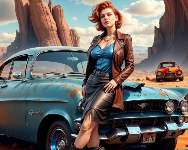 Confident Woman with Red Hair Next to Vintage Car