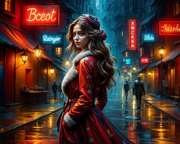 Neon-Lit Alley Scene with Woman in Red Coat