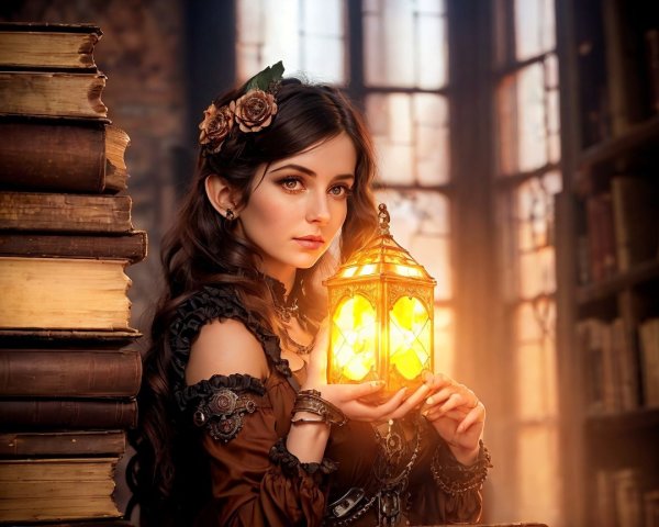 Young woman in vintage library with glowing lantern