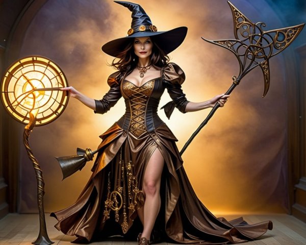 Steampunk Witch in Golden-Lit Room with Clock and Staff