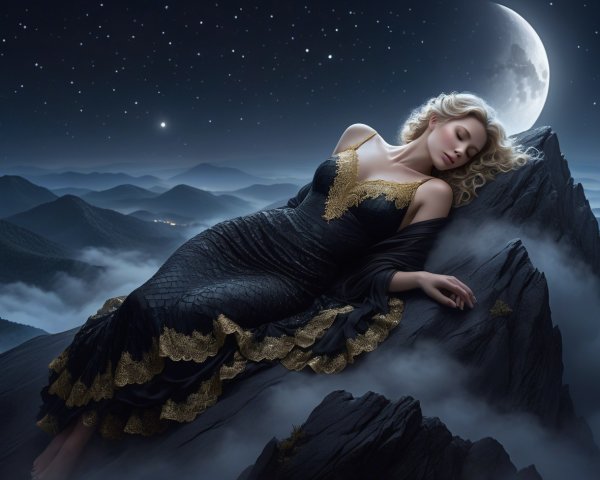 Blonde Woman in Gown Sleeping on Mountain Peak at Night