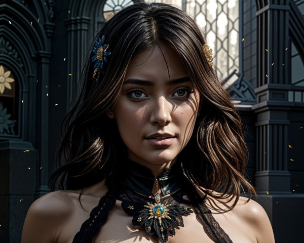 Young woman with wavy hair in ornate backdrop