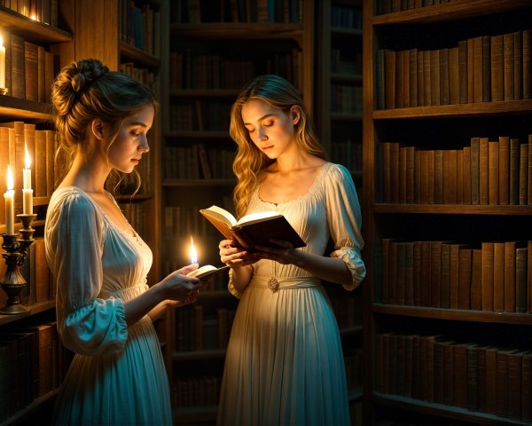 Young Women Reading in a Dimly Lit Library