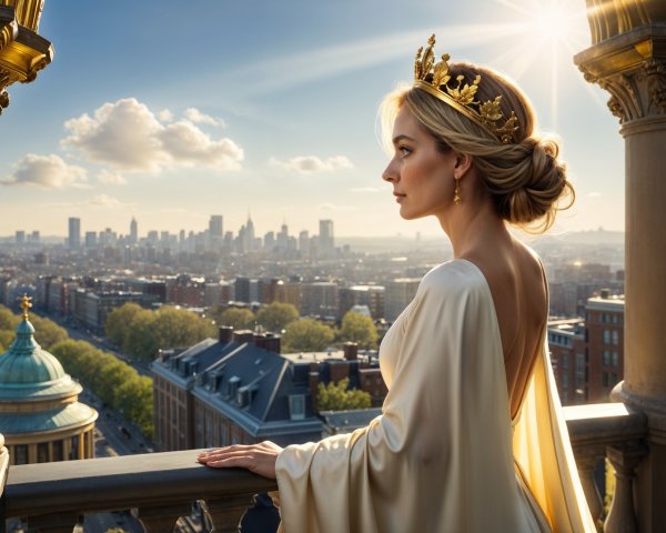 Woman in gown on balcony with city skyline at sunset
