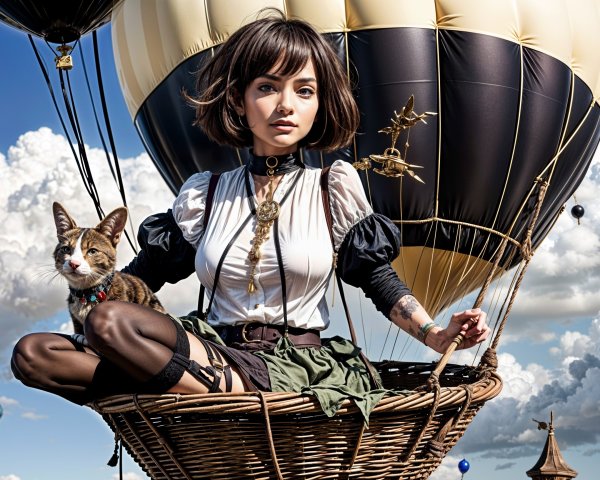 Young woman in hot air balloon with cat and clouds
