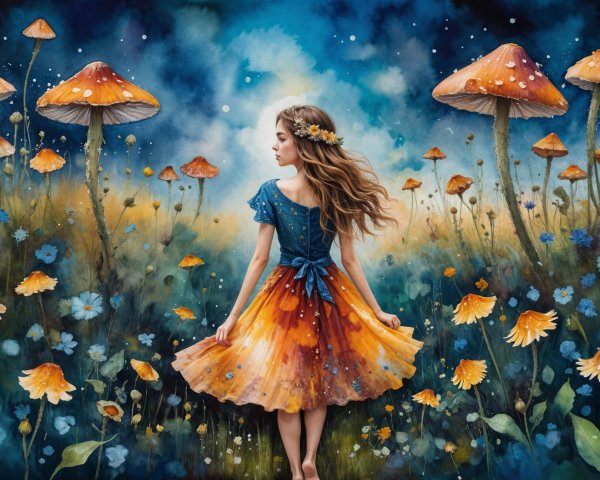Young girl in vibrant dress in a fantasy landscape