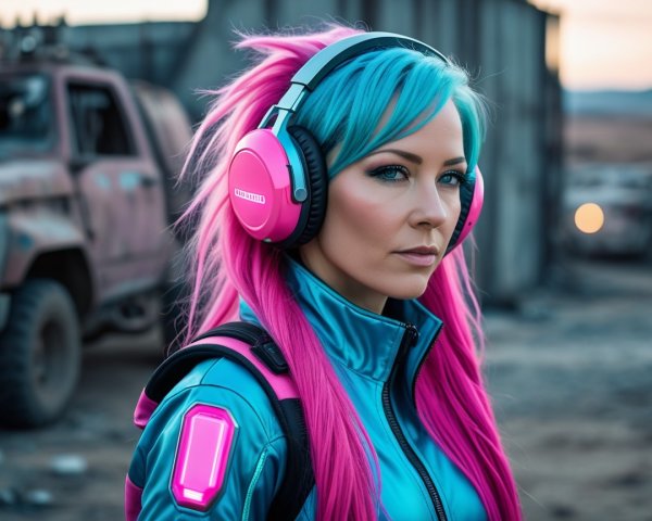 Woman with Teal and Pink Hair in Industrial Setting