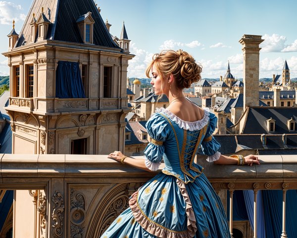 Elegant Woman in Blue Dress on Balcony Overlooking Landscape