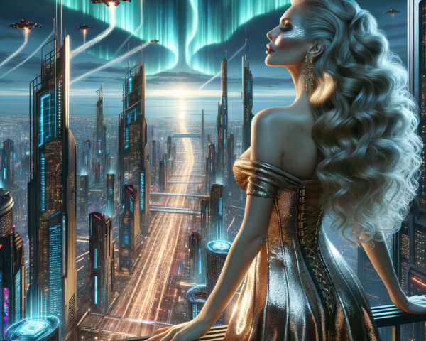 Futuristic Cityscape with Glamorous Woman and Auroras