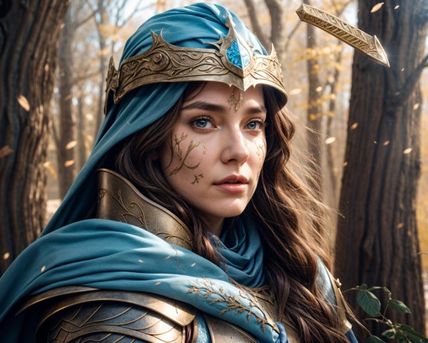 Female figure in golden armor with blue cloak in forest