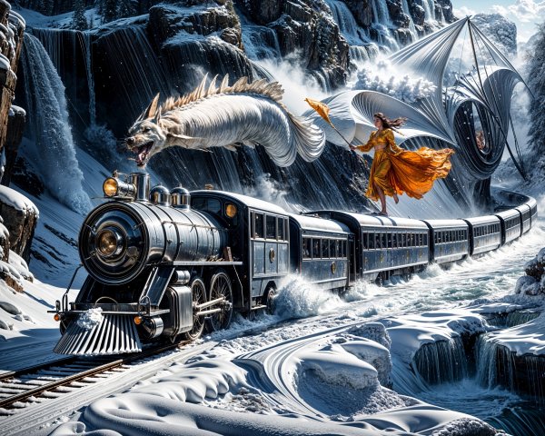 Steam Train in Snowy Landscape with Dragon and Structures
