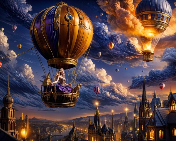 Regal Woman in Ornate Hot Air Balloon Over Cityscape