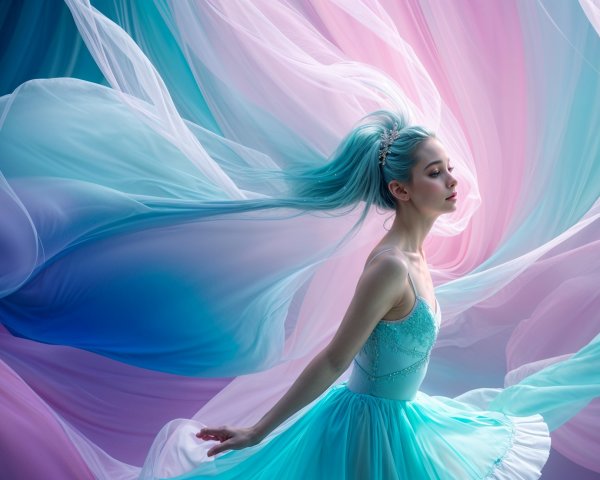 Dancer in Turquoise Gown with Ethereal Hair and Pastels