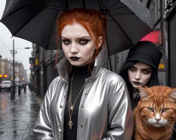 Young Women with Umbrella and Cat on Rainy Street