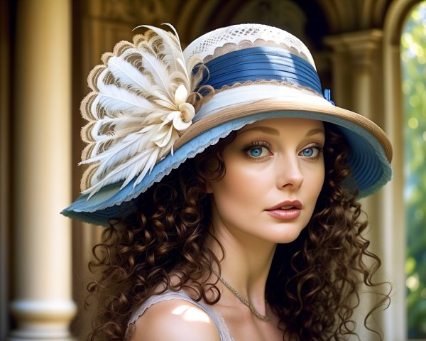 Elegant Woman with Blue Eyes and Wide-Brimmed Hat