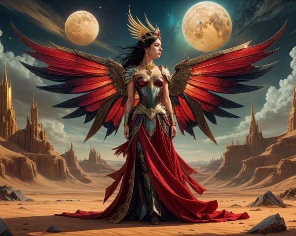 Majestic warrior in desert with shimmering wings and moons