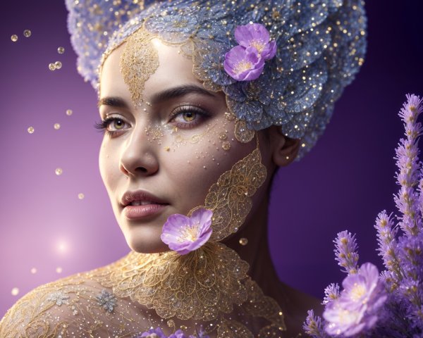 Portrait of a woman in golden lace with purple flowers