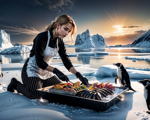 Woman Prepares Colorful Feast in Icy Landscape