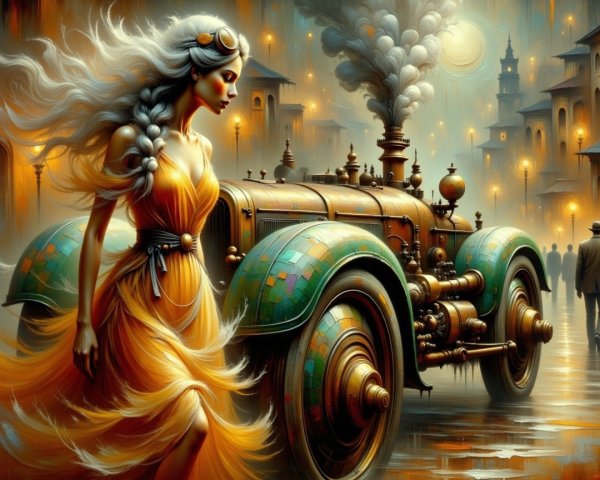 Steampunk Cityscape with Woman and Vintage Vehicle