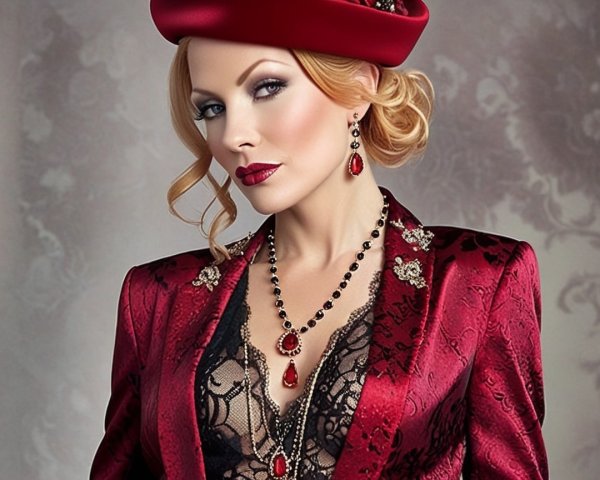 Portrait of a woman in red attire with floral background