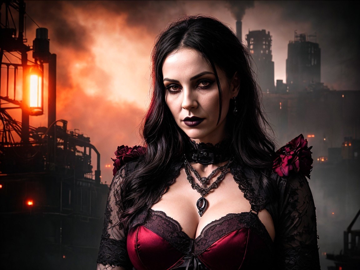 Mysterious Woman in Dark Industrial Setting with Red Gown