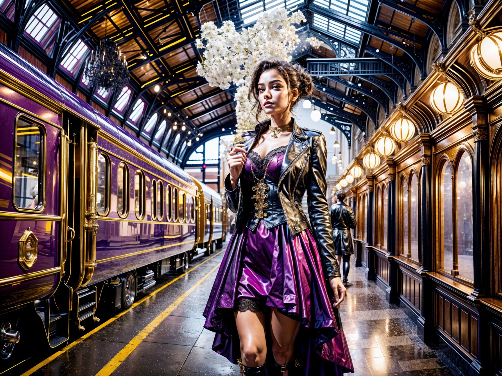 Stylish Woman in Luxurious Train Station Setting