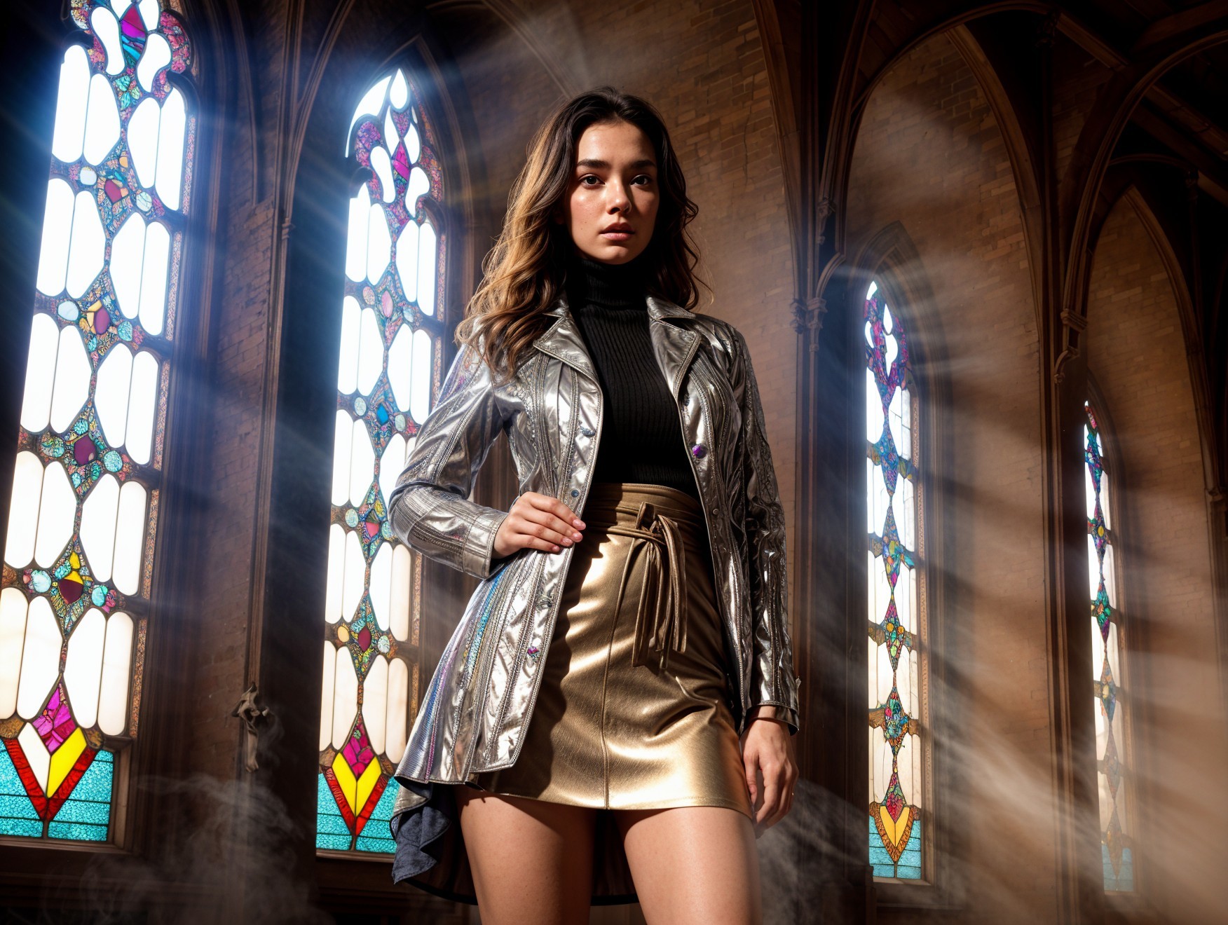 Model in Silver Blazer and Gold Skirt in Grand Space