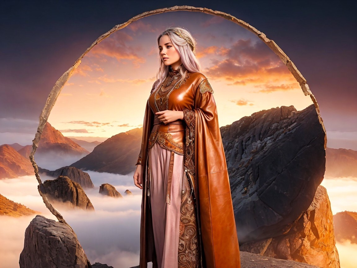 Serene figure in luxurious robes against a misty landscape