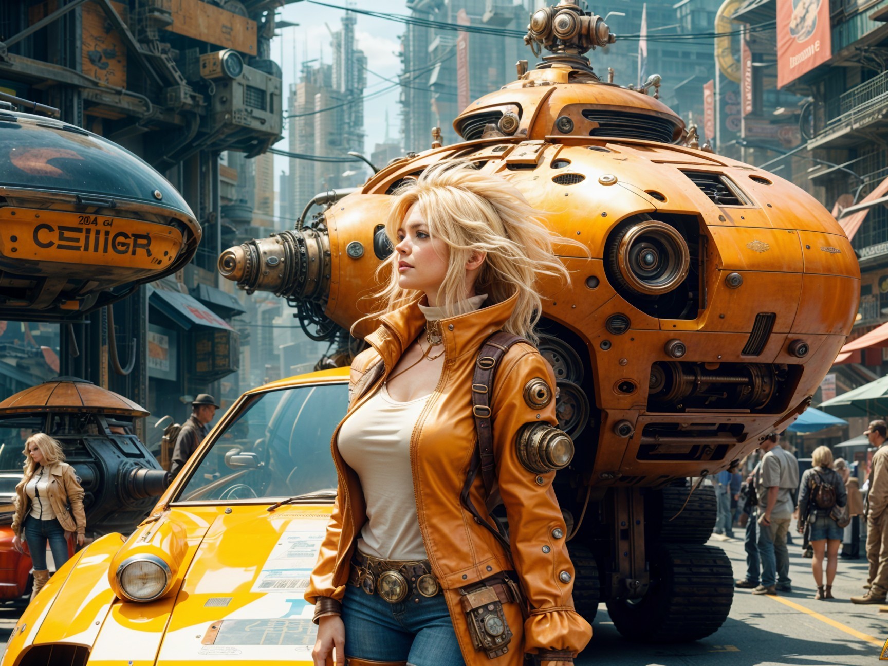 Futuristic City Scene with Confident Woman and Vehicles