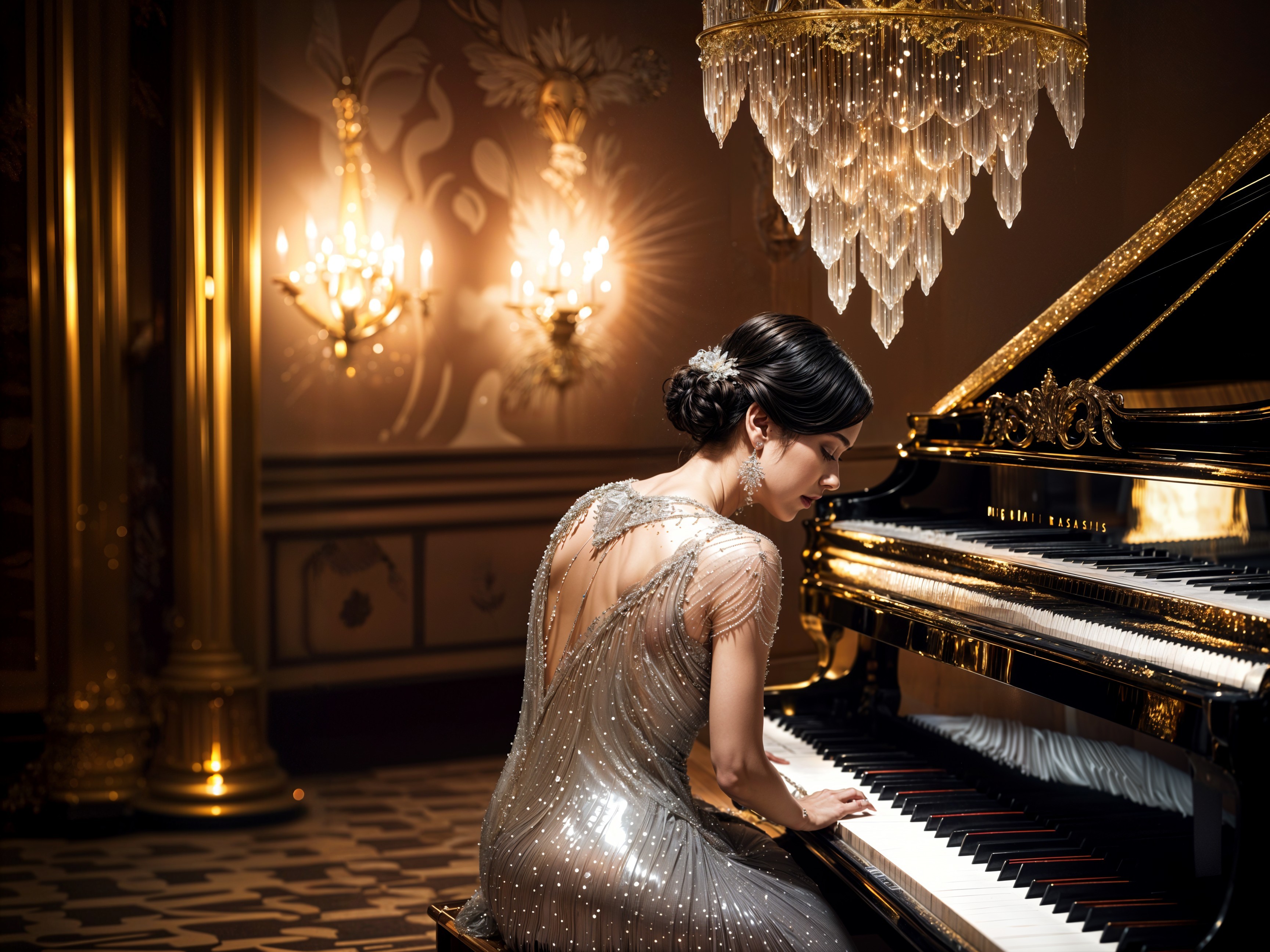 Woman in Silver Gown Playing Grand Piano in Elegance
