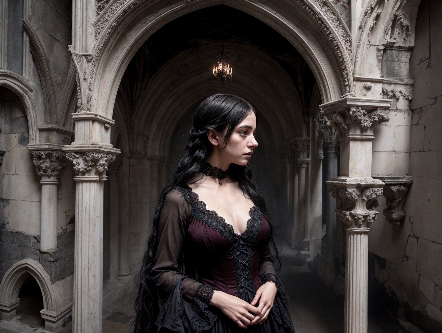 Gothic Corridor with Young Woman in Vintage Attire
