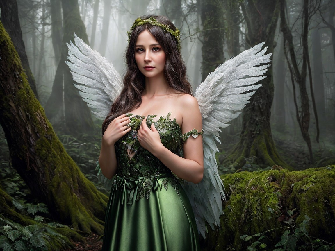 Fairy in Green Dress with Feathery Wings and Foliage